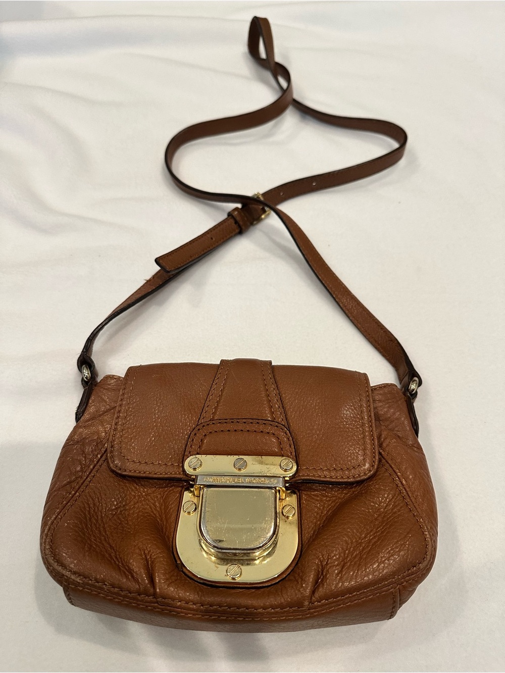 Micheal Kors Brown Leather Crossbody Bag with Gold-Tone Lock